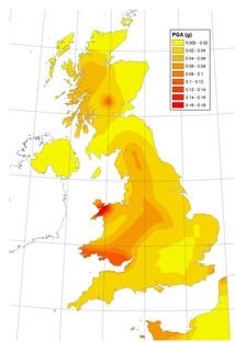 PGA hazard map of the UK for a 2,500 year return period.